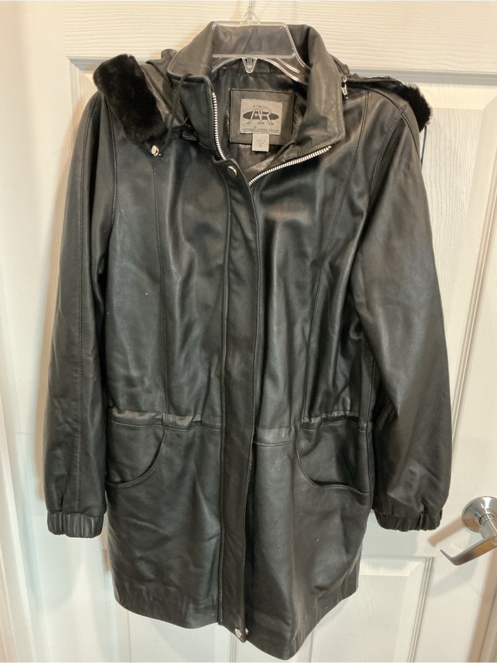 Black leather like  Hooded Coat - Black
